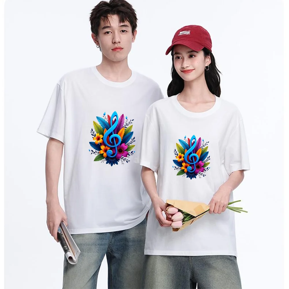 Music Note Floral Printed T Shirt Breathable Fabric S-XXL Personalized Custom Aesthetic Graphic Top Unisex Fit Casual Short Slee