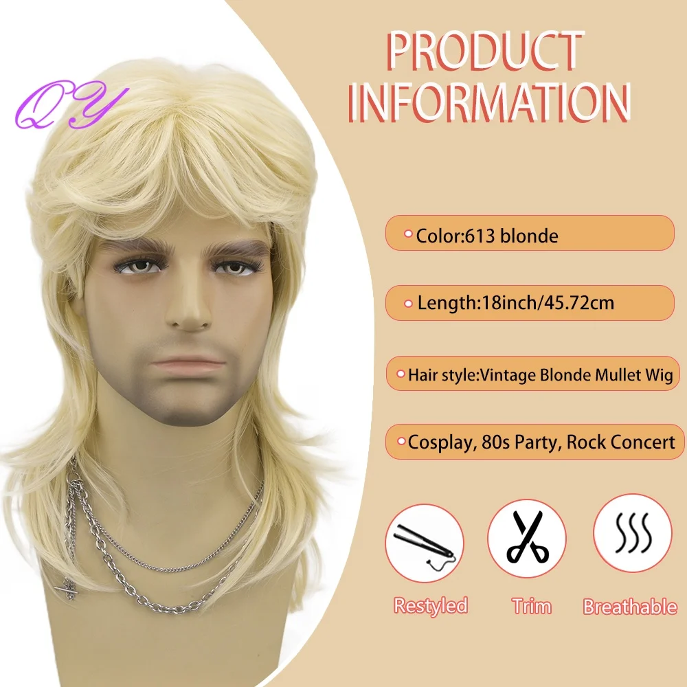 Halloween Men Blonde Mullet Wig 80s Rocker Synthetic Heat Resistant Layered Wolf Tail Wig for Cosplay Music Festival