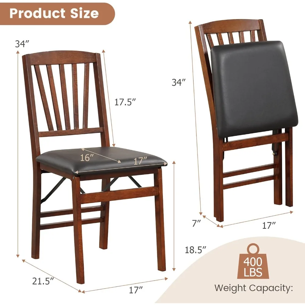 Folding Wood Kitchen Chairs Set of 2 with Padded Seats, Solid Frame, 400 lbs Capacity, Space-Saving Design