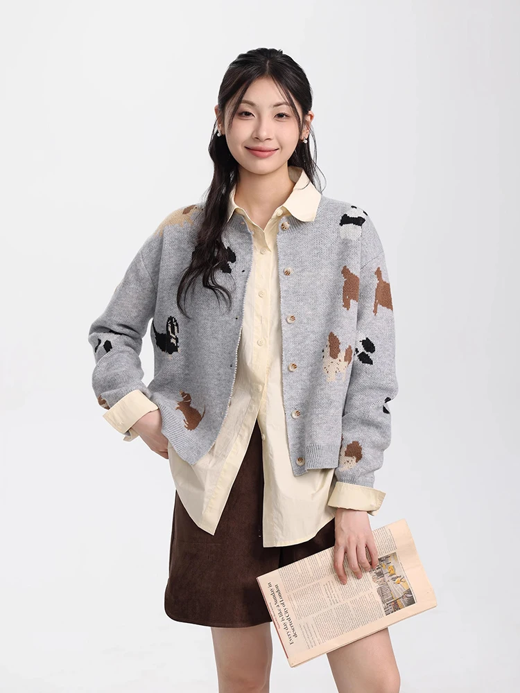 Fashion Knitted Cardigan Women Harajuku Retro Puppy Jacquard Sweater O-Neck Loose Casual Lazy Style Y2K Knitting Tops