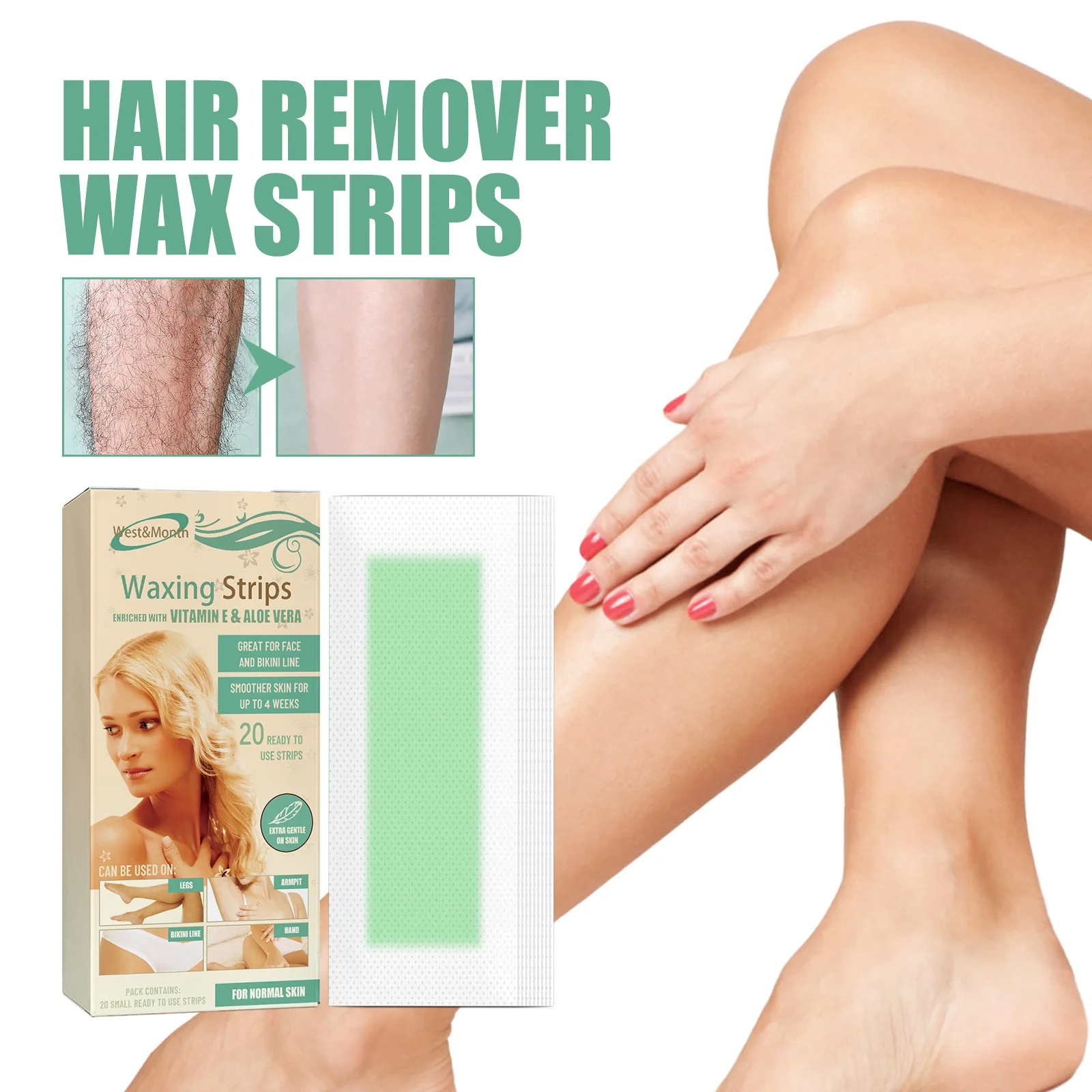 Bandas de cera depilatoria profesional para depilación de verano, papel de cera fría de doble cara para piernas y cuerpo, depilación rápida y suave.