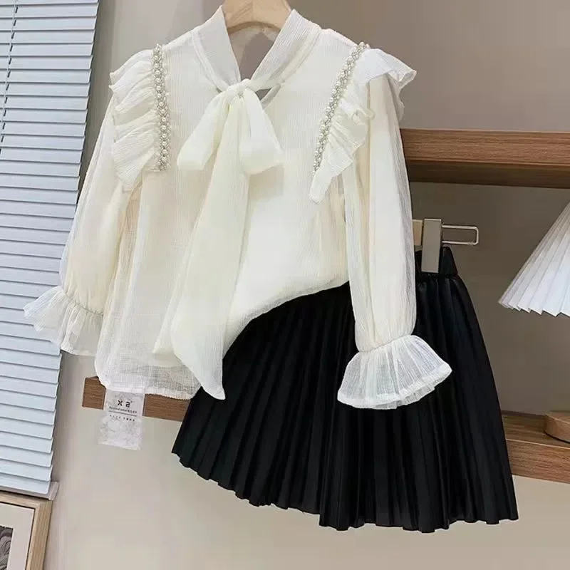 Popular Shirts French Style Beaded Lace up Ruffle Edge Chiffon Top Fashion Girls' 2025 Spring and Autumn New Style Shirts,