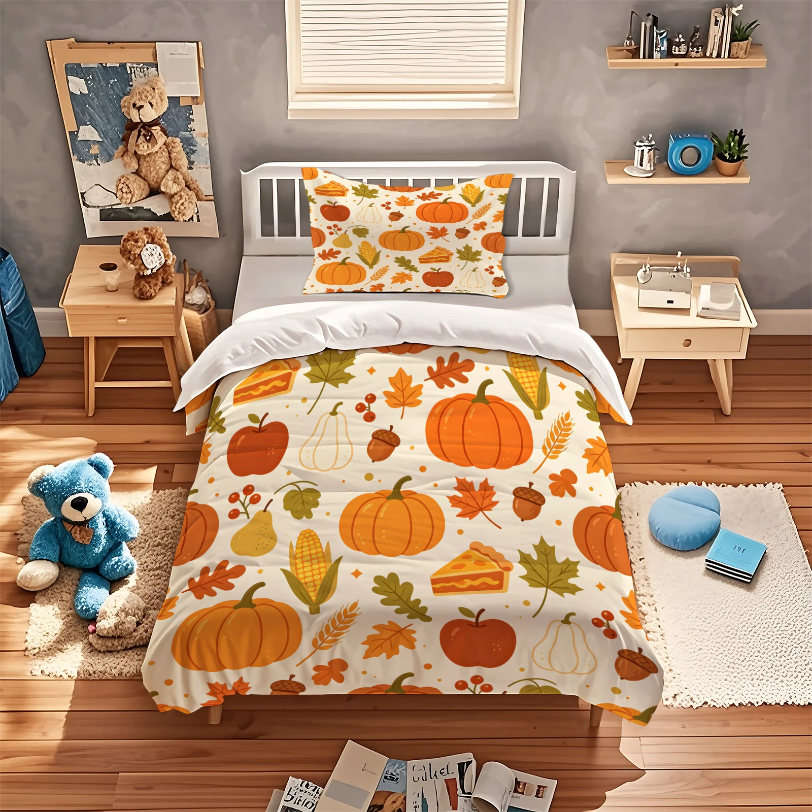 Thanksgiving Fall Bedding Duvet Cover Set Cartoon Pumpkin Acorn Fruit Print Soft Bed Linen Zipper Duvet Cover with Pillowcases