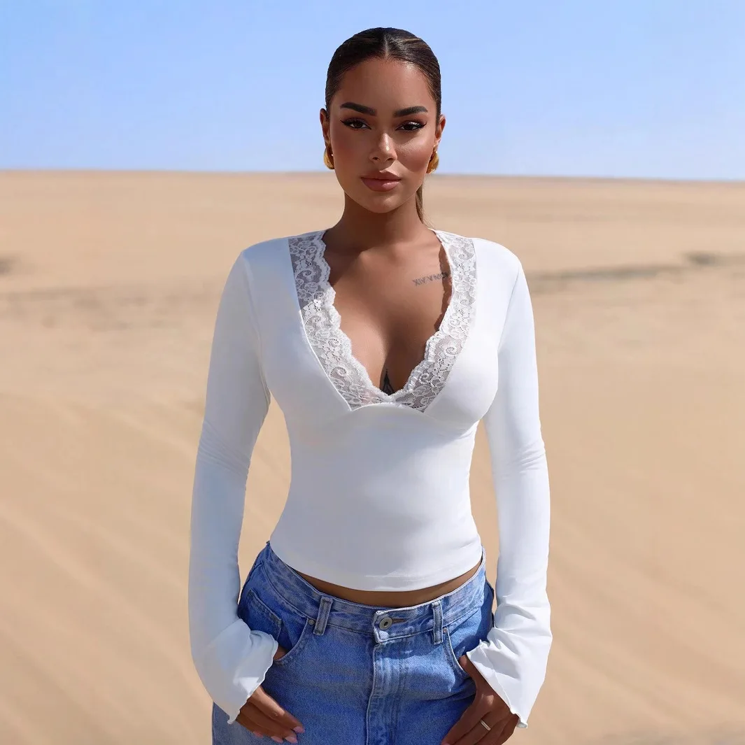 2026 Women’s Sexy Scalloped Edge Lace V Neck Long Sleeve Slimming Skin Friendly Versatile Commute Daily Date Babe Style T Shirt