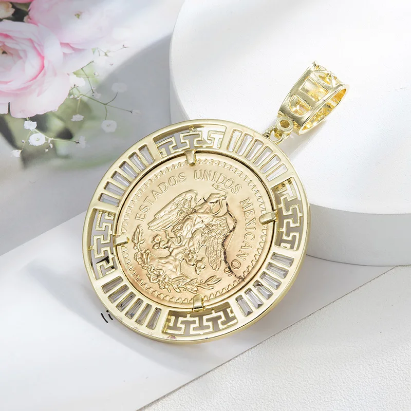 Fashion Light Luxury 14K Gold Plated Mexican Centenario Moneda 50 Peso CZ Pendant Medal Style