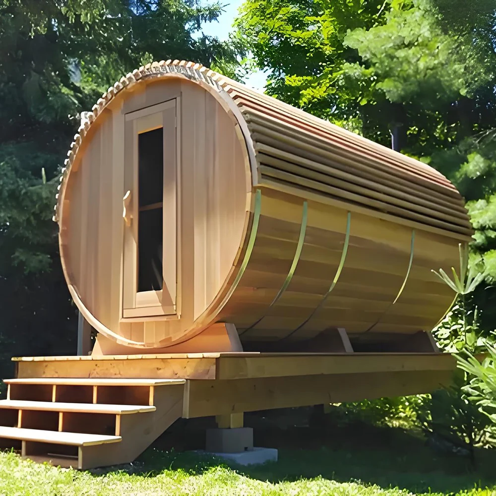 Outdoor Barrel Sauna, Red Cedar Solid Wood 3-Person Sauna Room, 6kw Electric Heater, 1800x2400mm Traditional Wet Steam Sauna view 5