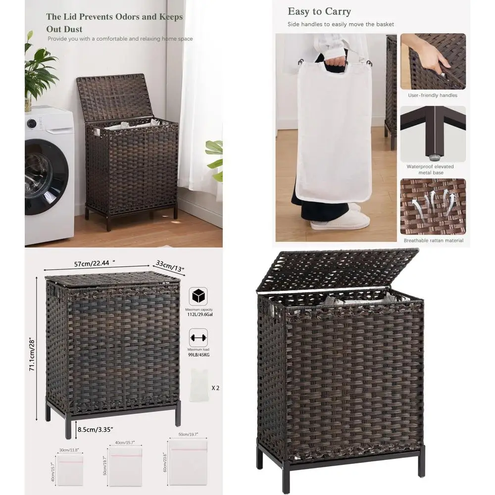 

Handwoven Rattan Laundry Hamper with Lid, 112L Capacity, 2 Removable Liner Bags, Metal Frame, 6 Mesh Pockets, Large Clothes Orga