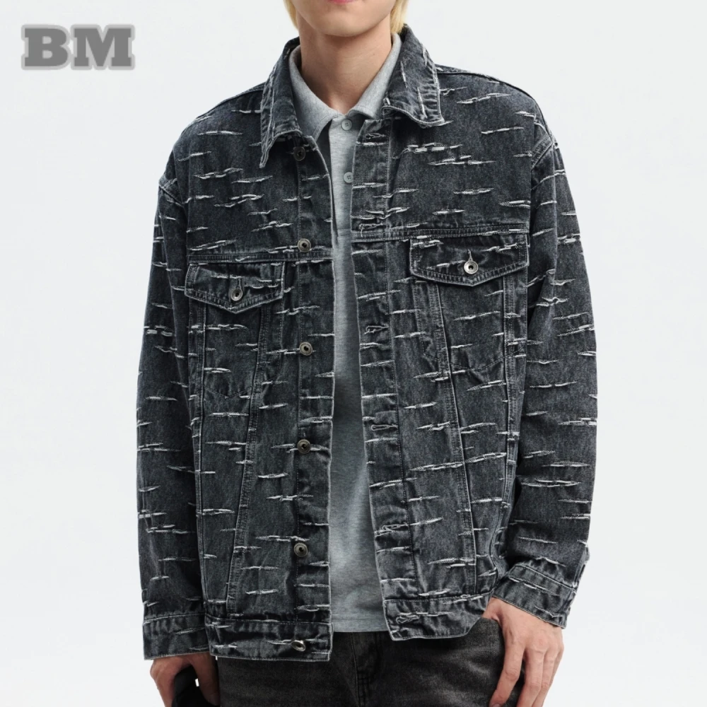 Streetwear Destroys Ripped Denim Jackets For Men High Quality Plus Size Lapel Coat Japanese Harajuku Casual Cargo Jacket Male