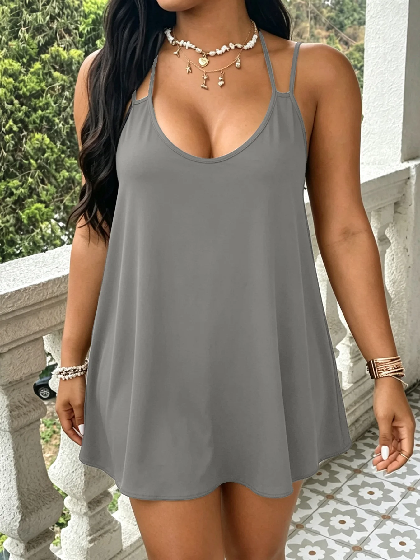 Pure Solid Dual Spaghetti Strap Plus Size Knit Flowy Tank Top, Vintage US Trendy Skin-Friendly Casual Style All Season Irregular Hem Cami Wide Color Range For Curvy Females Daily Gathering Going Out image 4