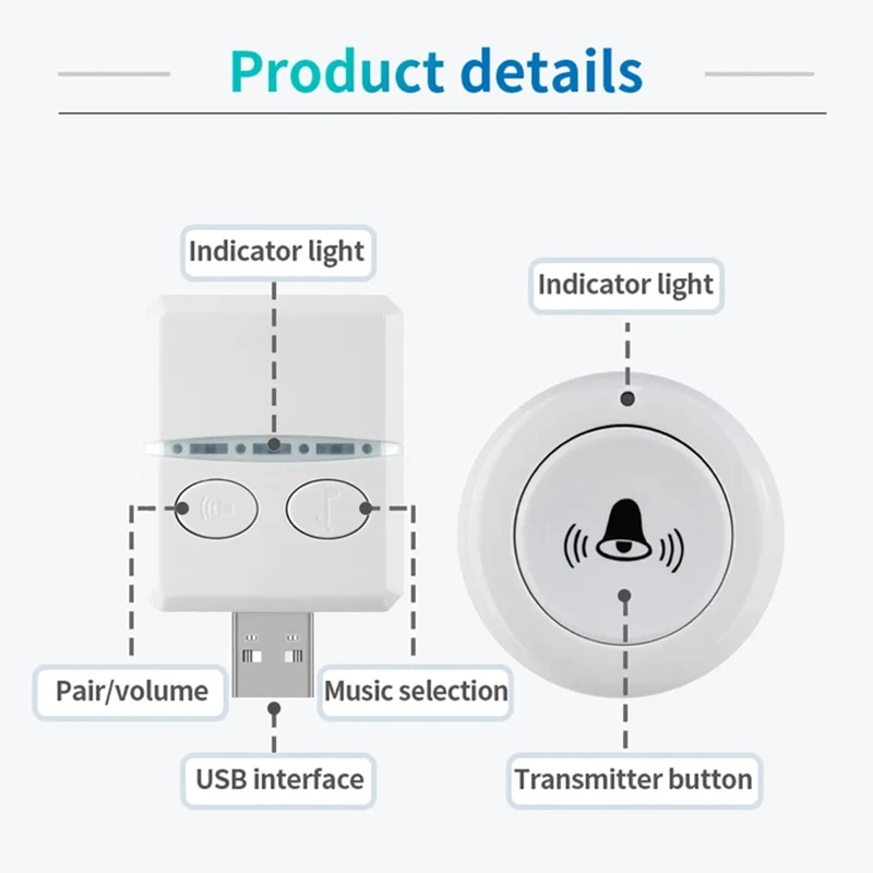 무선 초인종 USB 문짝 벨 리시버 단일 리모컨, 비상 전화, 가정 학교, 음악, 433Mhz, 150M, 30