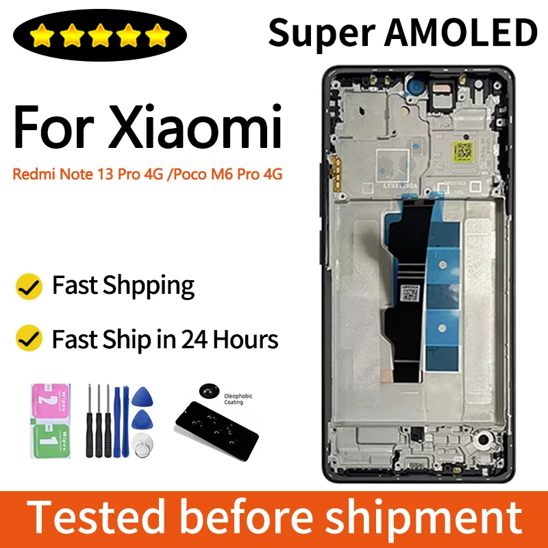 6.67'' Tested For Xiaomi Redmi Note 13 Pro 4G 23117RA68G LCD Display Touch Screen Digitizer Assembly For Poco M6 Pro 4G Display