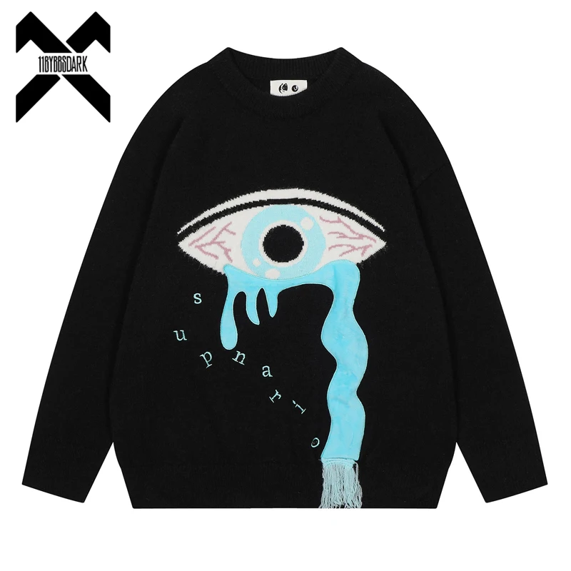 

2024 Men Sweater Streetwear Eye Graphic Knitted Sweater Harajuku Pullover Casual Cotton Sweater Black Hip Hop Hipster