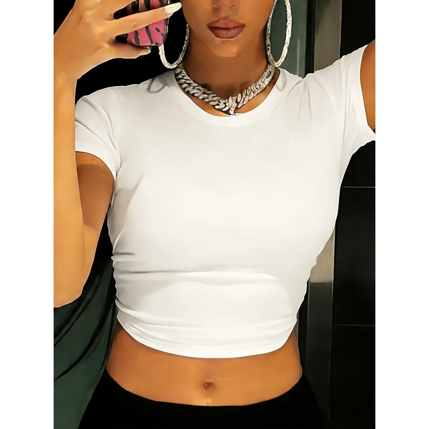 T-shirt uni à col rond et manches courtes, confortable et élastique, avec nombril apparent, pour femme, toutes saisons, vêtements esthétiques