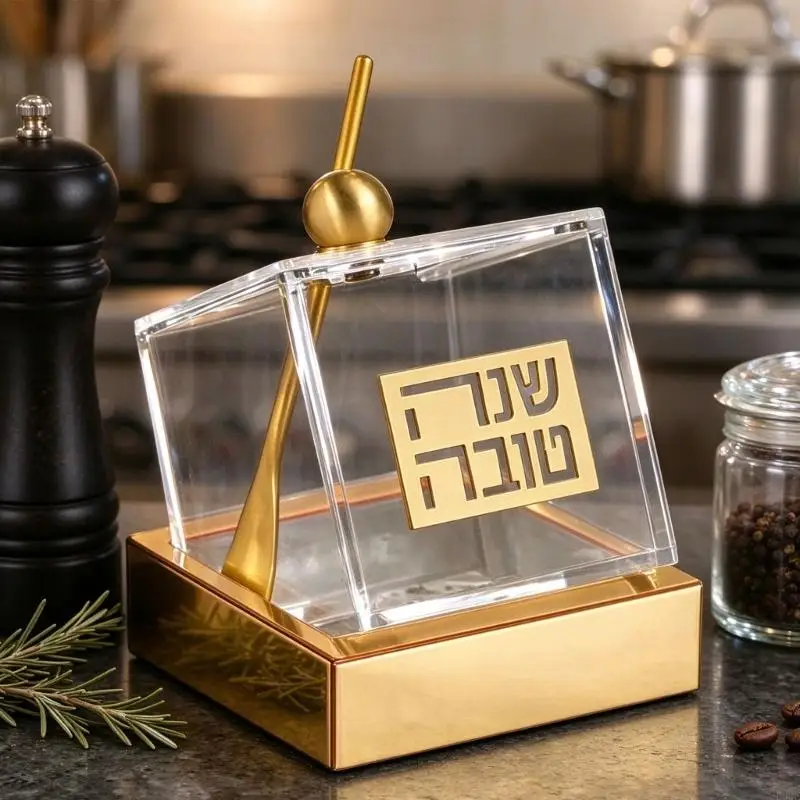 Decorative Jar for Rosh Hashanah, Clear Acrylic Container with Metallic Gold Hebrew Plaque and a Fitted Lid at the Table B03E
