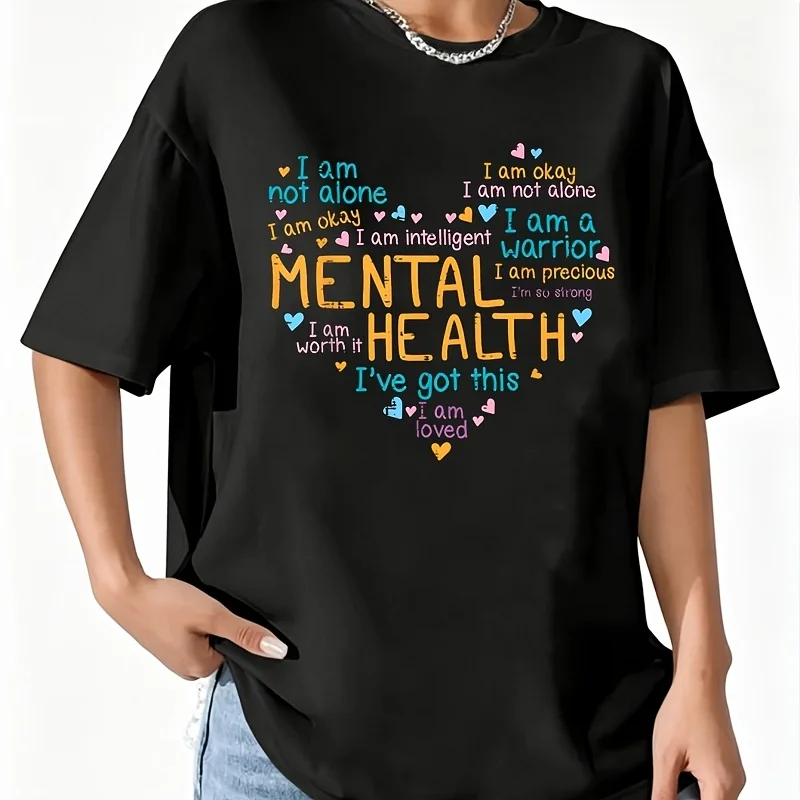 Mental Health Heart Self Love Words Awareness Women Kids Men Women's 100% Cotton T-Shirt Fun Print Short Sleeve Top Casual Round Neck Tee S-5Xl