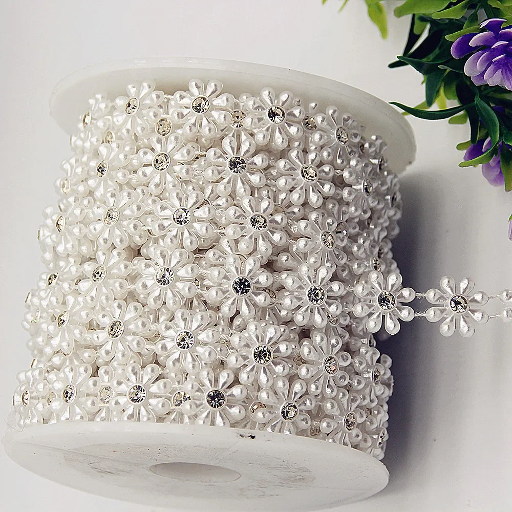 1YD Wedding Toy Imitation Pearl Diamond Chain Inlaid Diamond Bead Chain Skirt Bead String Plastic Lace Ethnic Accessories