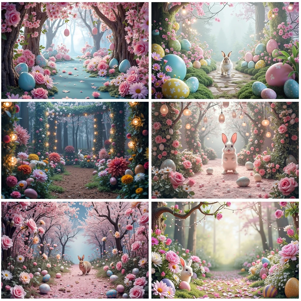

MOON.QG Glowing Easter Backdrop Egg Lanterns Floral Stone Pathway Background Birthday Photography Wallpaper Photozone Poster