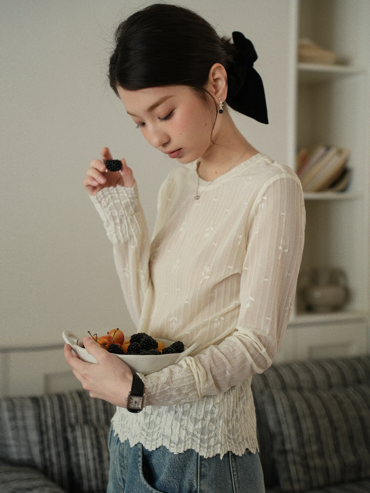 

Botanique Romantic Overture Lace Trim Me Base irt Casual Sle Long Sve round Ne Women's Faion Nylon Spandex Blend