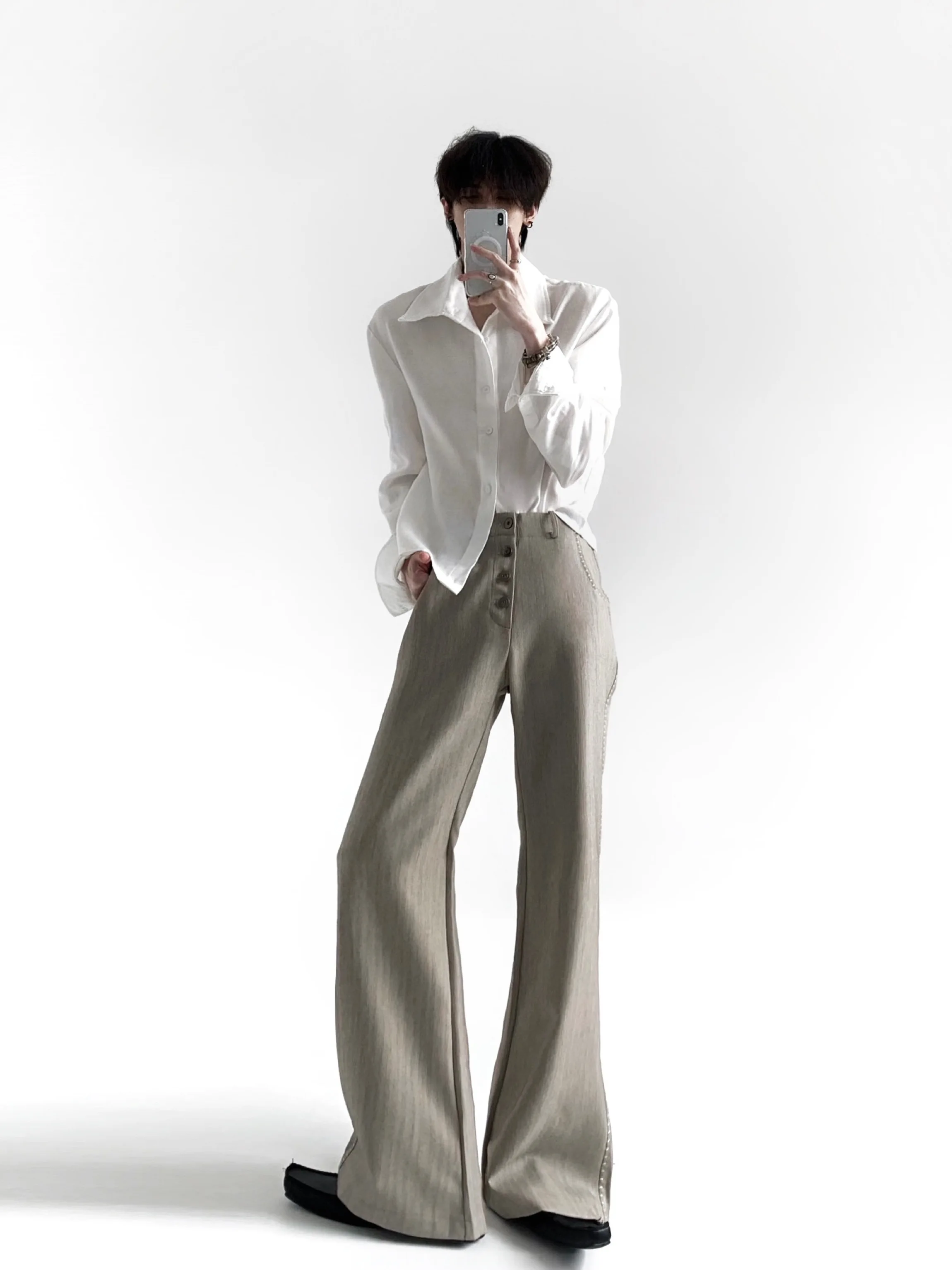 Autumn Mountain Style Men's Slim Fit Shirt  Linen Roll up Sleeve High Intelligence Quotient Clean Fit Long Sleeve Shirt