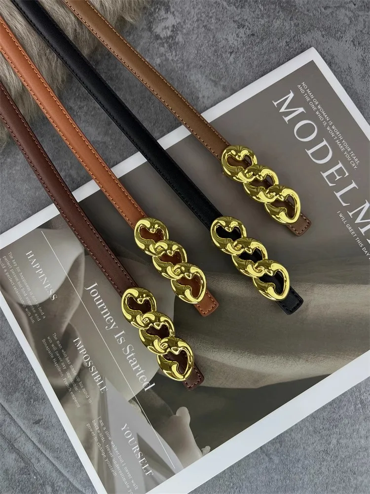 

Women's Fashion Gold Buckle Genuine Leather Corset Female Cummerbund Coat Waistband Dress Decration Narrow Belt J037