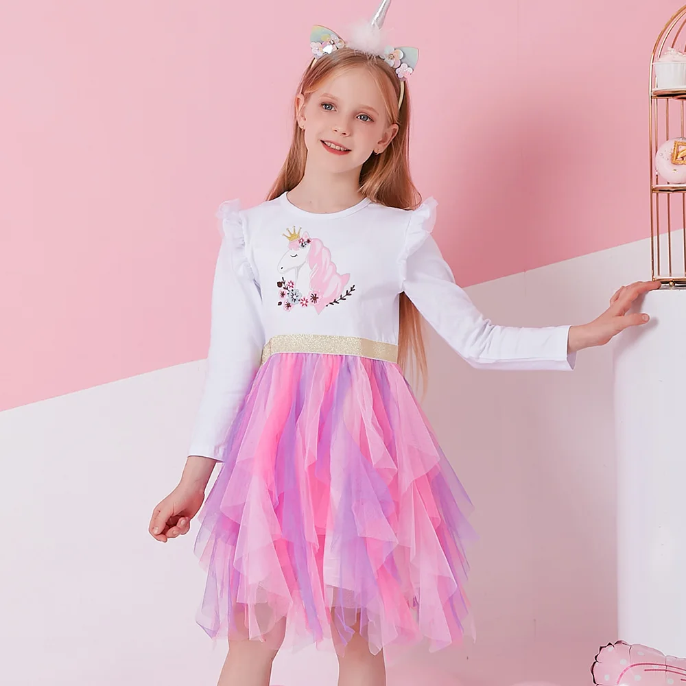 VIKITA Kinder Langarm Herbst Frühling Kleid Mädchen Licorne Blumendruck Cartoon Kleid Mädchen Unregelmäßige Mesh Tüll Prinzessin Kleider – Detail 2
