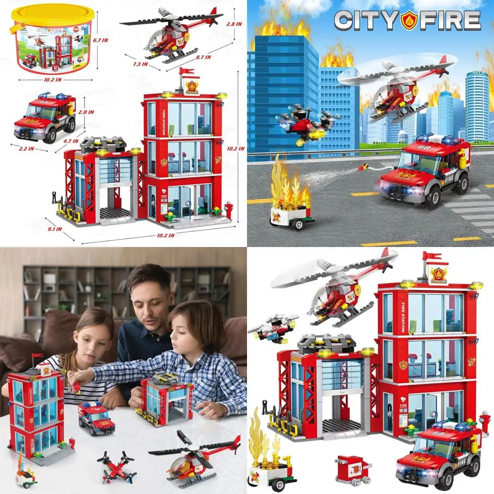 

Fire Station Playset with Fire Truck, Helicopter, Drone, and Engine, Command Center, Roleplay Toy for Kids Aged 6+ (744 Pieces)