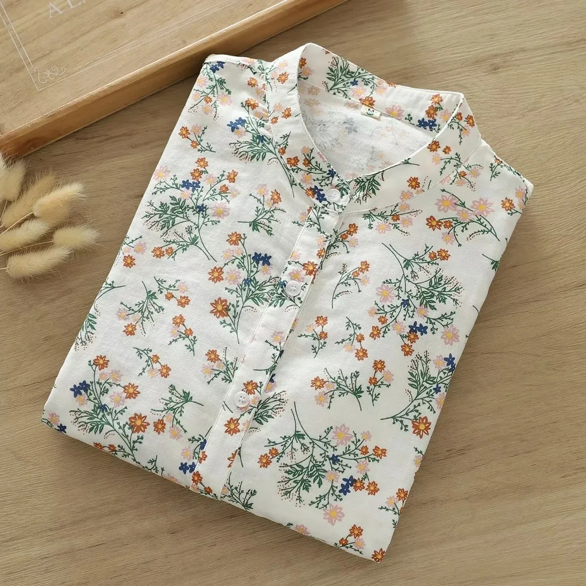 Camisa con estampado de flores para mujer, Tops finos de marca, blusa informal de hilo de algodón de manga larga, 15 colores, 2024