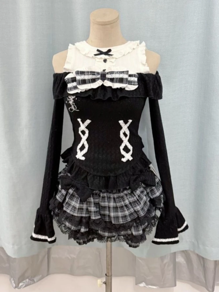 

Весенний японский комплект в стиле преппи: топ с кружевным бантом + мини-юбка-кейк, новый модный облегающий крой, ретро-стиль, очаровательный наряд с элементами пэчворка.