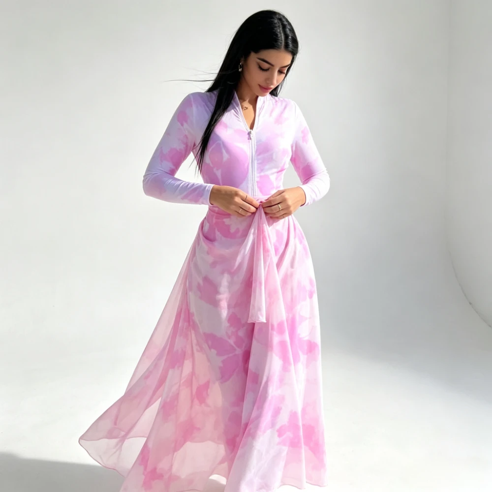 Traje de Baño Burkini Modesto de 2 Piezas con Estampado Floral en Acuarela Rosa, Camiseta de Manga Larga con Cierre Frontal + Falda Maxi Envolvente con Leggings, Conjunto de Playa para Mujer