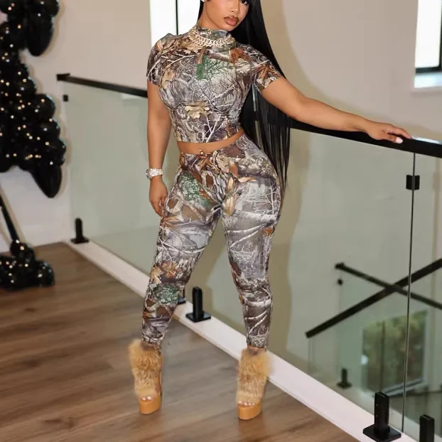Two Pieces Women Pant Sets Print Matching Set Stand Collar Short Sleeves Top Elastic Waist Pencil Pants Slim Casual 2026 Summer