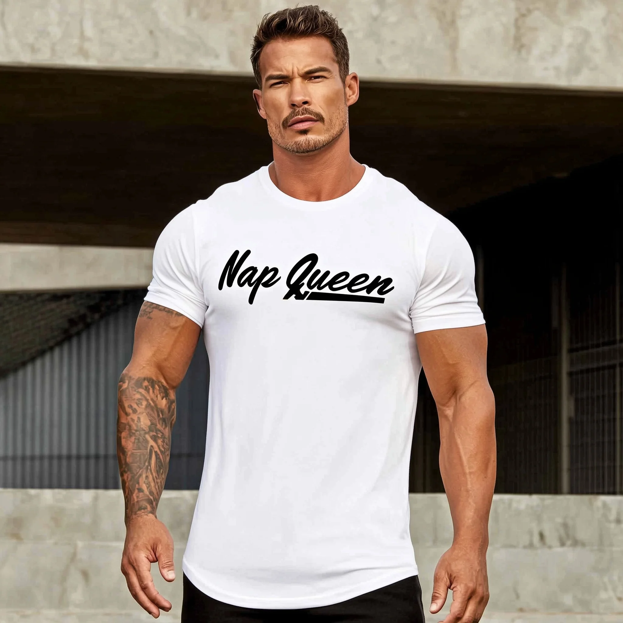 

Teevo Men's Short Sleeve T-Shirt Nap Queen Text Print Casual Fitness Workout Clothing