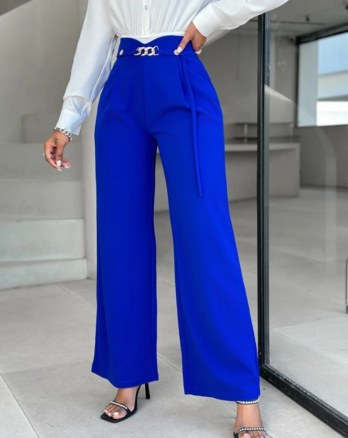 Hot Selling 2024 Spring Summer Long Pants for Female Casual Solid Color Chain Decor High Waist Basic Versatile Wide Leg Pants