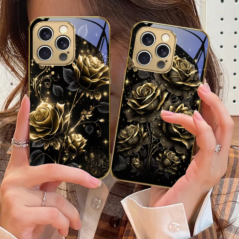 

Romantic Black Gold Rose For IPhone 16 17Pro Max 15 P ro 14 13 Plus 12 Mini 11Pro Max XR 16E 17 Air Golden glass phone case