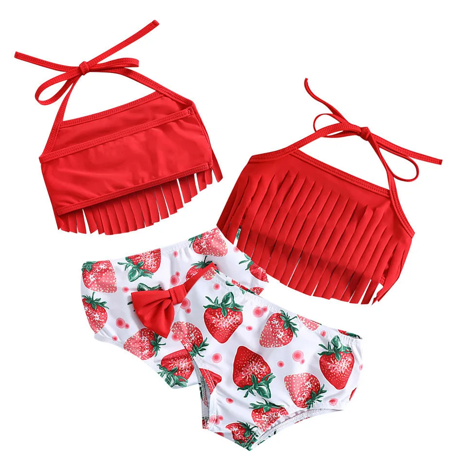 

Baby Girls Strawberry Print Fringe Sling Hot Spring Beach Swimsuit Girls Red Bikini Three Piece Set