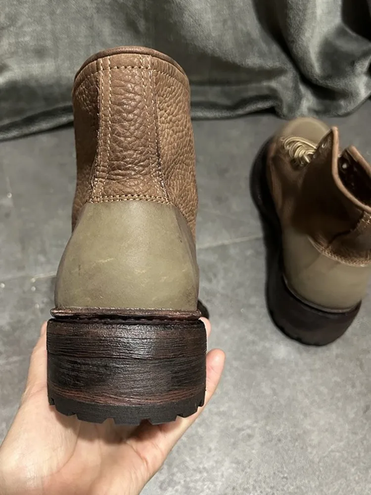 American Style Cowhide Round Toe Hard Wearing Solid Color Retro Men Boots Handmade Genuine Leather Lace-Up Leisure Work Shoes