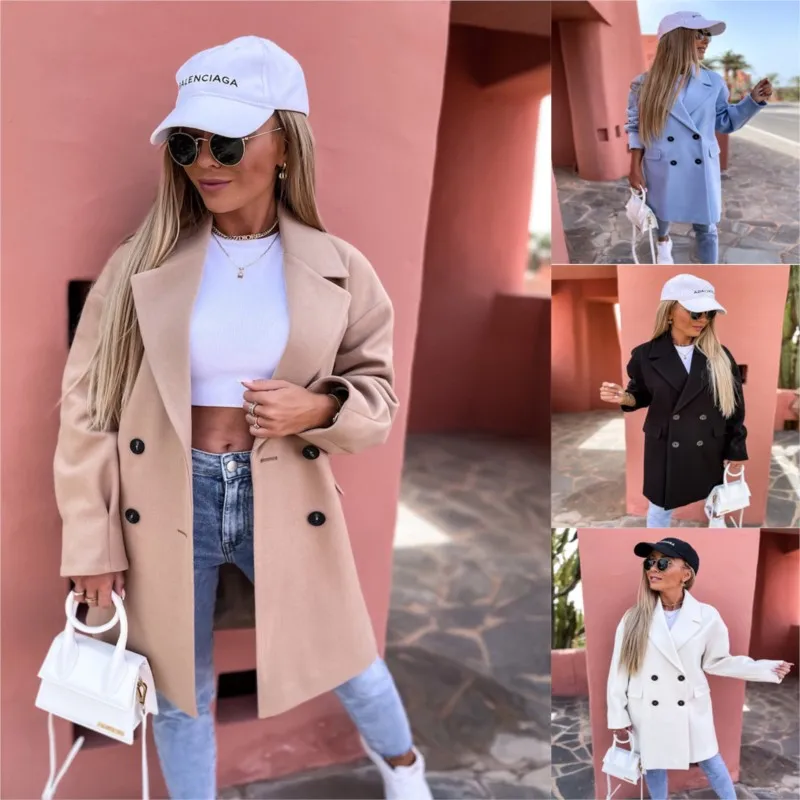 

Temperament lapel pocket decoration single breasted long sleeved overcoat autumn and winter women's fashionable and elegant coat