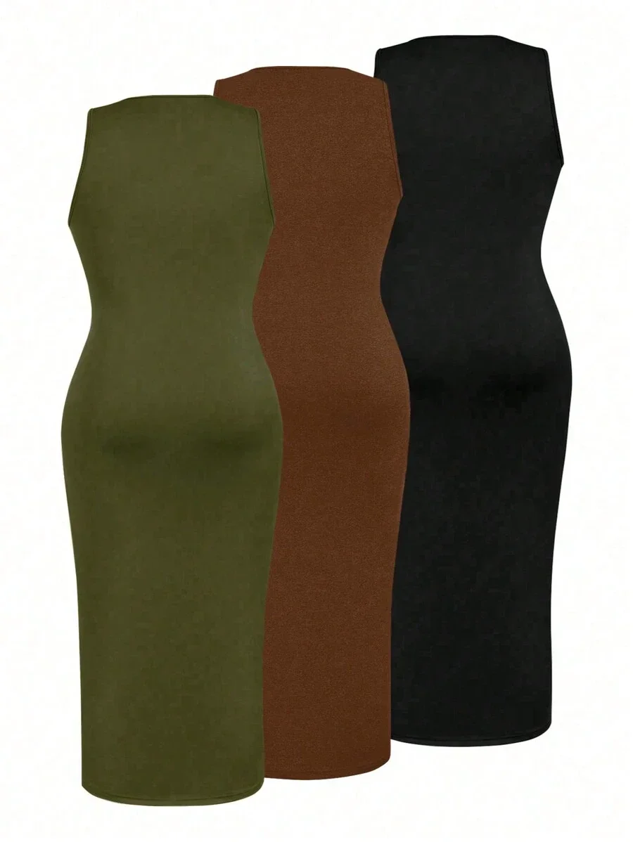 

Plus Size Sleeveless Knit Bodycon Dress 3-Pack—Olive, Brown, Black—Round Neck, High Stretch, Slimming Waist For Spring Summer