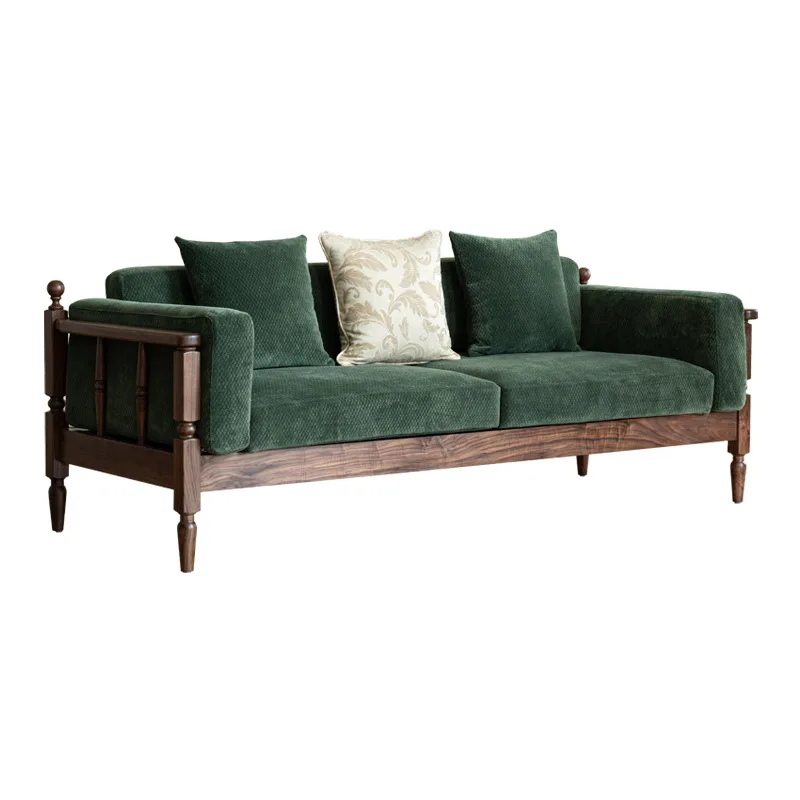 Nordic solid wood sofa North American black walnut living room small apartment three-person simple modern fabric retro green
