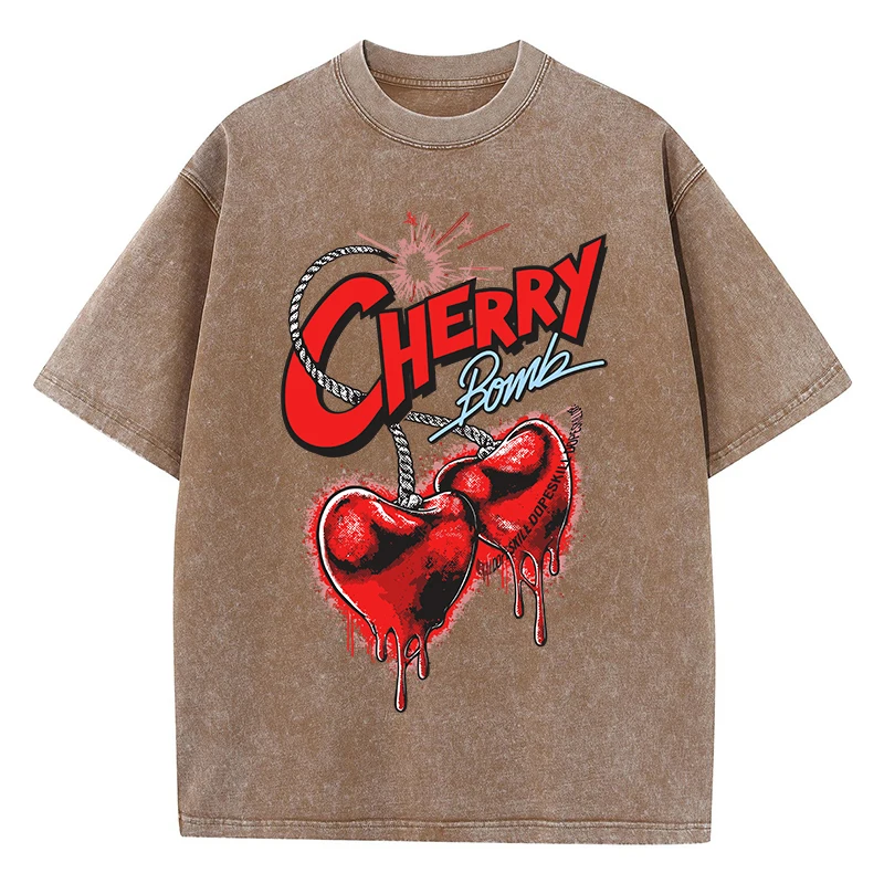 Explosive Cherries Pattern Printing Men Washed Clothes Distressed Cotton Tshirts Street Fashion Tops Cool Summer O-Neck T Shirts