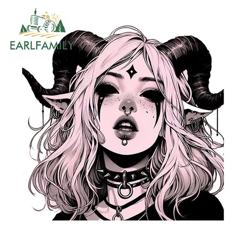 EARLFAMILY 검은 악마 소녀 자동차 스티커, 비닐 만화 데칼, 자동차 라벨, 크리에이티브 범퍼, 캐러밴 노트북 장식, 13cm X 12.6cm