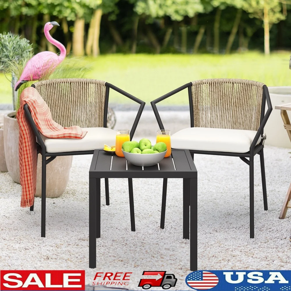 

Набор из 3 предметов для уличного плетеного бистро со штабелируемыми стульями и подушками, обеденный стол для патио, балкона, у бассейна