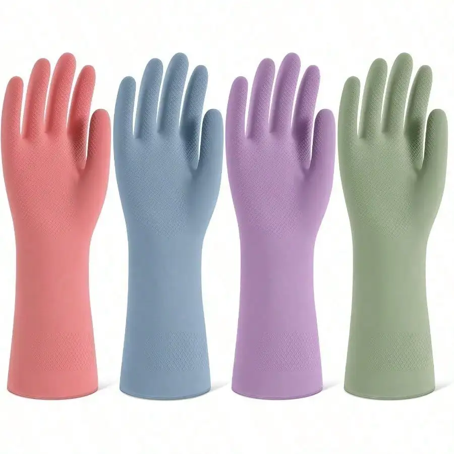 4 Pairs Reusable Rubber Dishwashing Gloves, Non-Slip Kitchen Cleaning Gloves with Flocked Lining for Men & Women
