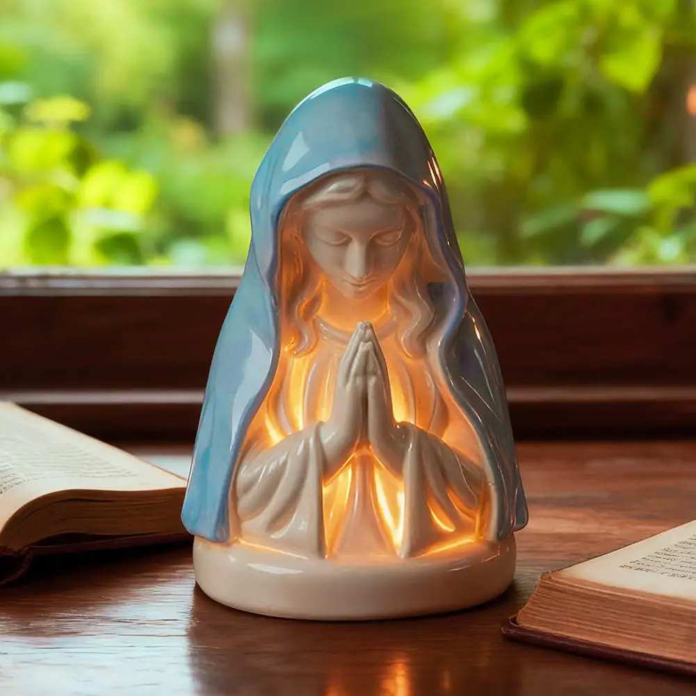 Virgin Mary LED Prayer Statue Night Light Sacred Religious Ornament with Candlelight Effect Base for Baptism Christmas Gifts