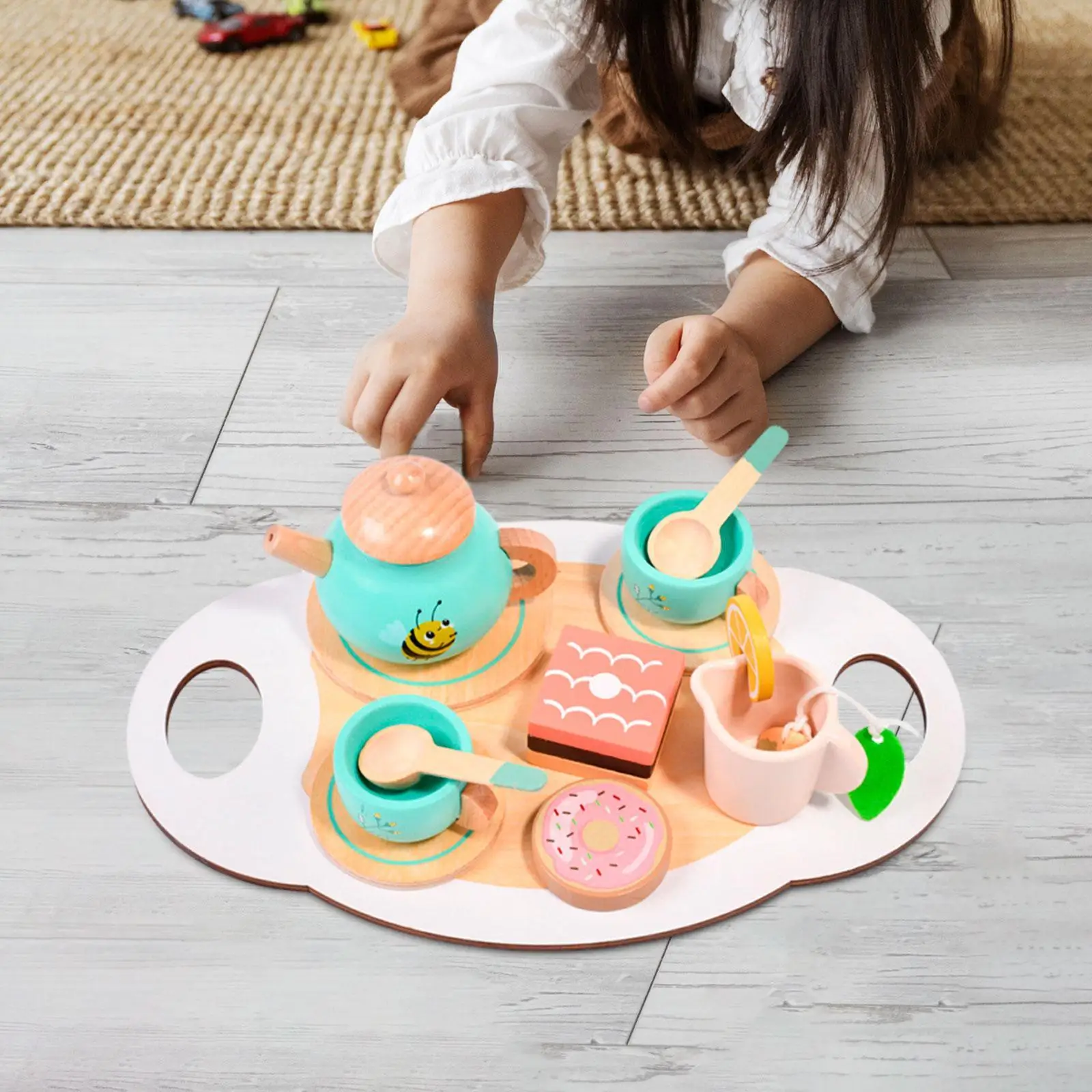 Set da tè in legno Giocattolo da cucina creativo Set da tè pomeridiano Accessori da cucina portatili per bambini 3 4 5 anni Ragazze Ragazzi Bambini