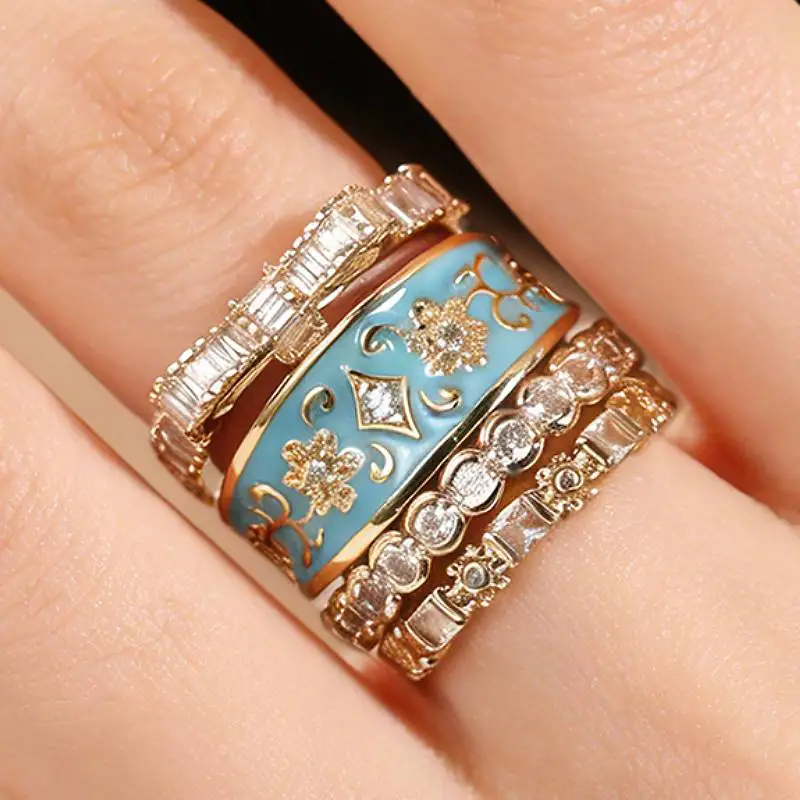 Huitan Damenring mit blauer Emaille, ästhetisch, 4 Stück/Set, eingelegt mit hellem CZ, Bohemia-Stil, Accessoires für Damen, Party, bezaubernder Schmuck
