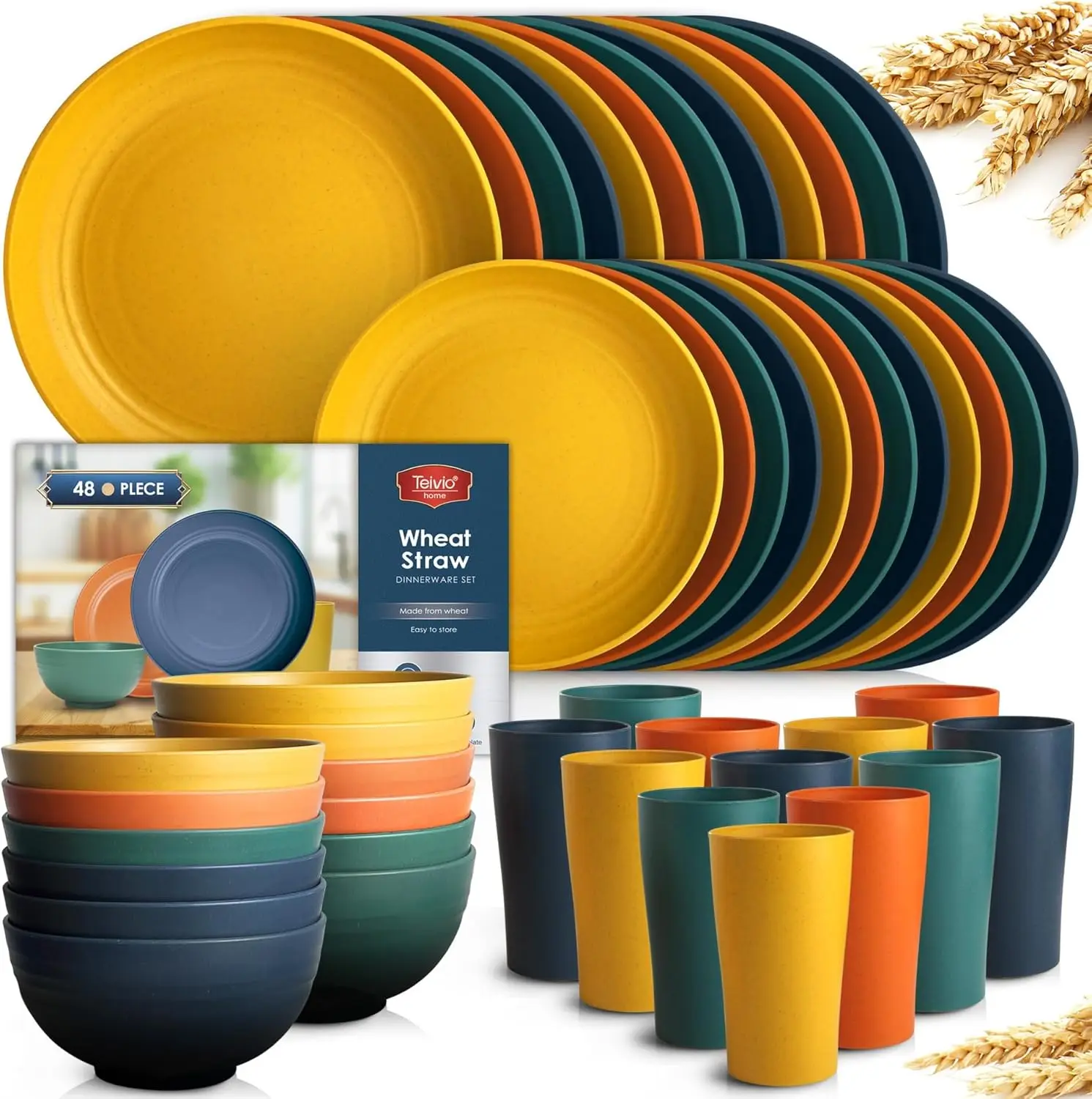 

48-Piece Kitchen Wheat Straw Dinnerware Set, Service for 12, Dinner Plates, Dessert Plate, Cereal Bowls, Cups, Unbreakable Color