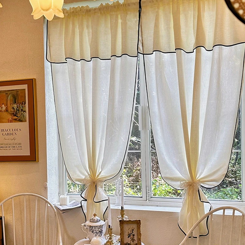 1Piece French Romantic Cream Beige Black Hemming Semi-Sheer Curtain with Short Valance for Living Room Bedroom Kitchen Custom