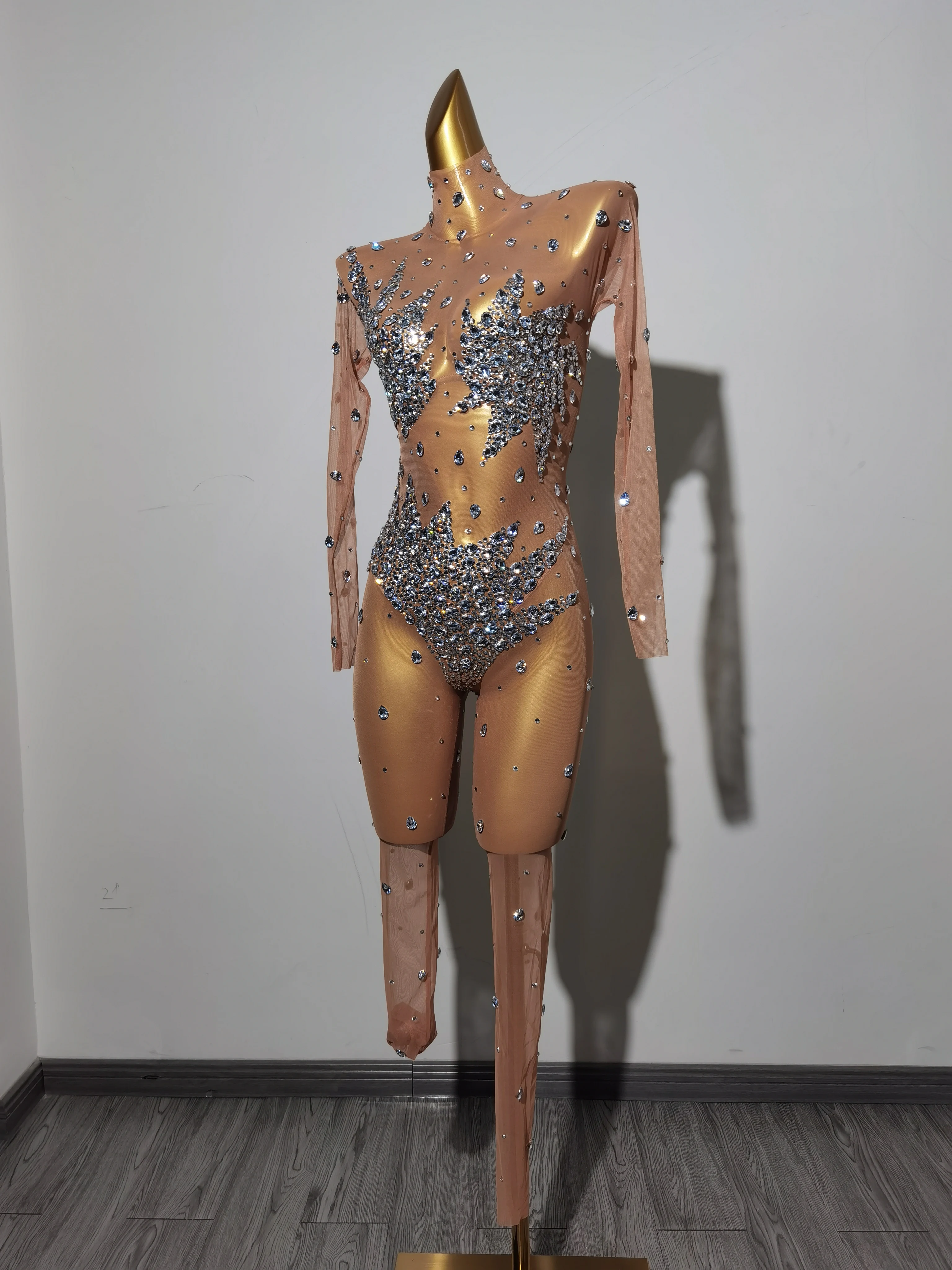 

Sexy Long Sleeves See Through Rhinestone Jumpsuits Women Night Club Bodysuit Bodycon Rompers Stripper Dancewear Festival Outfit