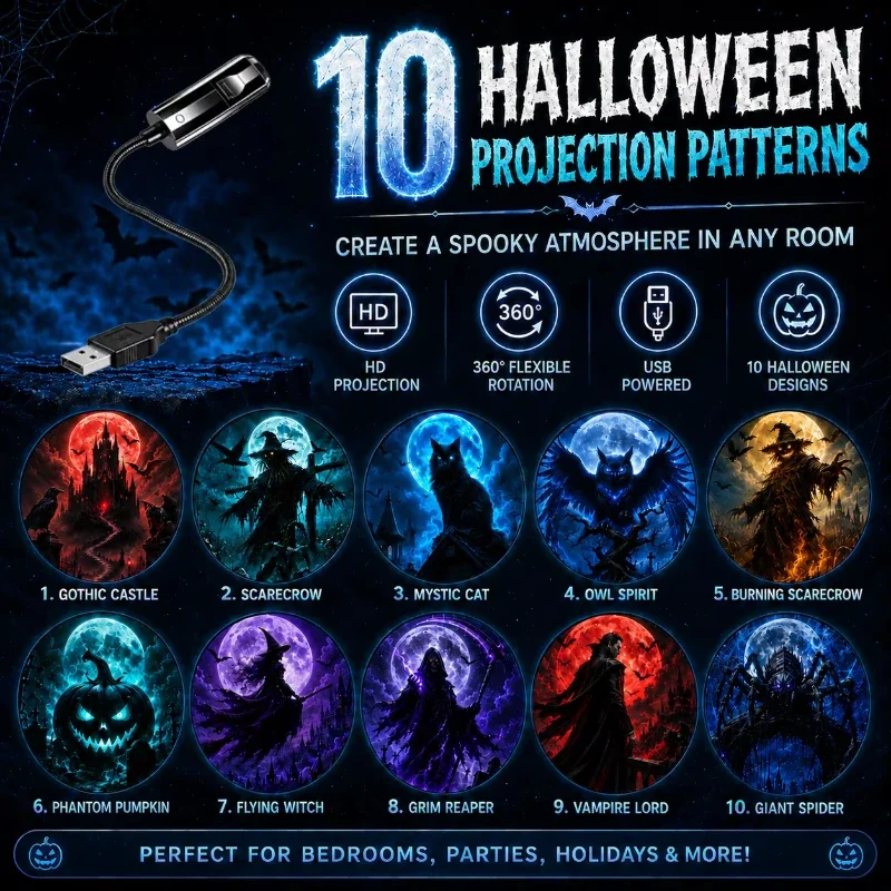 Halloween-Themed Projection Light, 10 Projection Patterns to Choose from, Bedroom Ceiling Night Light/Wall Decorative Light