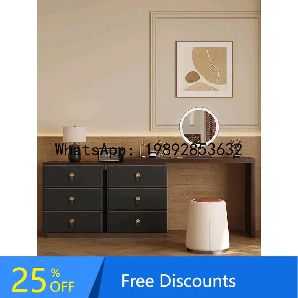 CZ Integrated Bedroom Bedside Storage Cabinet Modern Simple Walnut Color Vintage Style Solid Wood Dressing Table